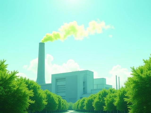 工場から煙ではなく緑の葉が立ち上る、脱炭素化を象徴するイメージ