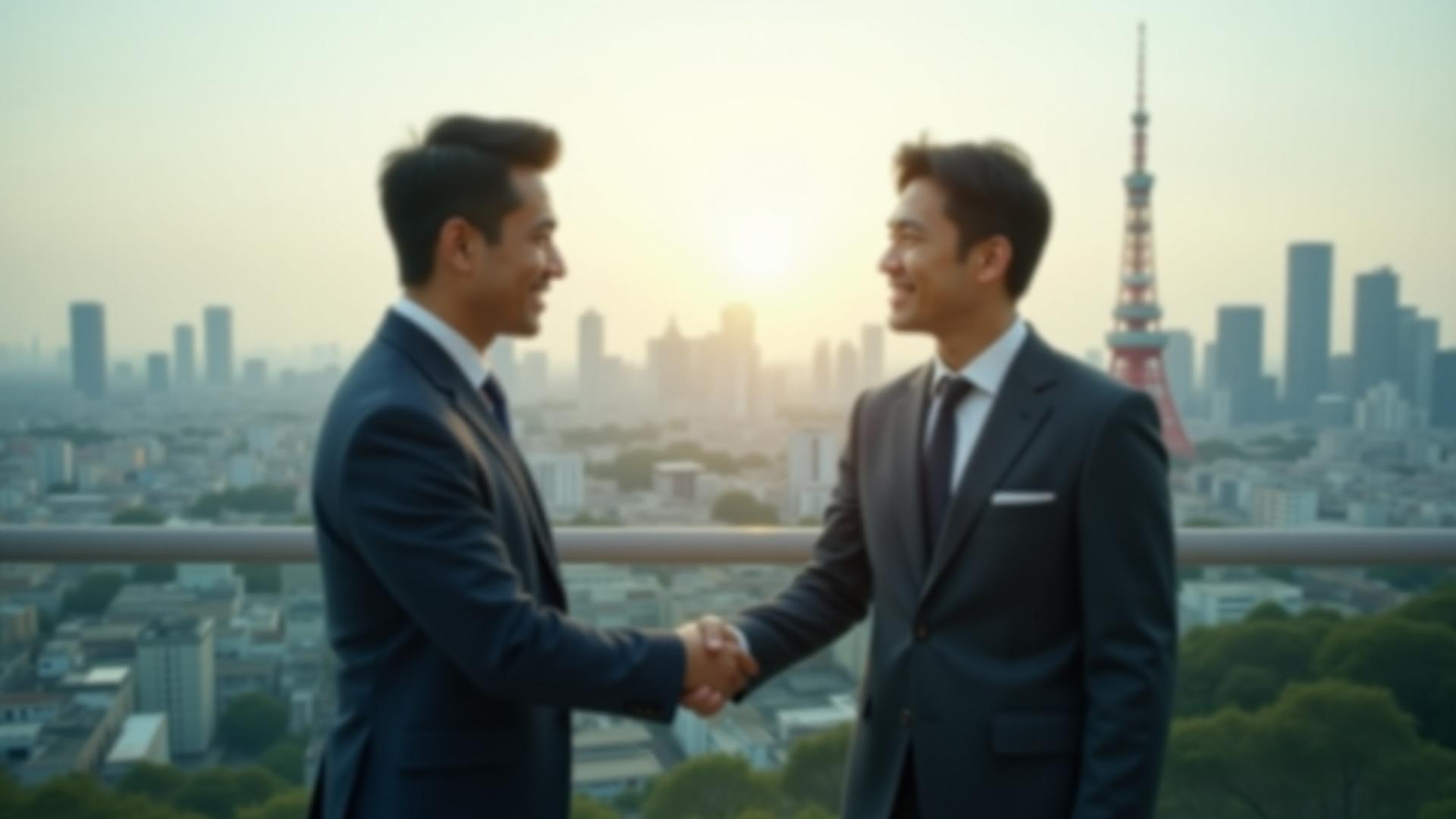 東京の近代的なスカイラインを背景に、力強く握手をするビジネスマンたち