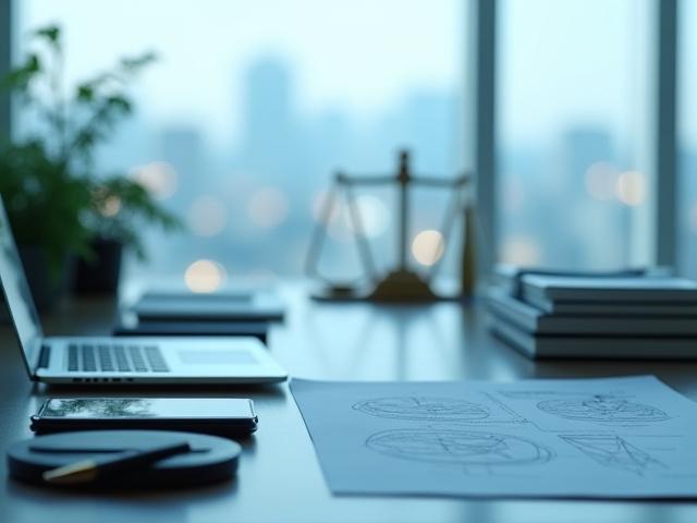 法学書と現代的な弁護士事務所のデスク