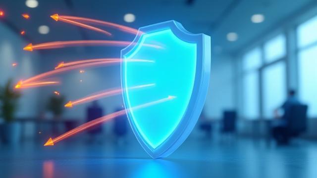 透明な盾が事業リスクを象徴する矢からビジネスを守っている、予防法務の概念を表現