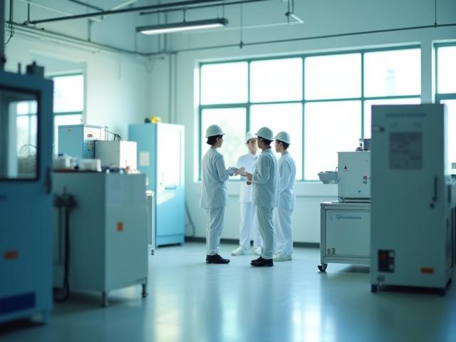 環境規制に対応する中小企業の生産現場、清潔で効率的な工場内で働く人々